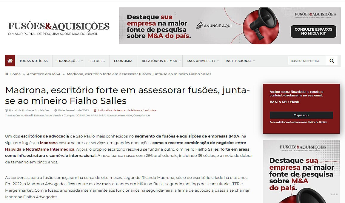 Madrona, escritrio forte em assessorar fuses, junta-se ao mineiro Fialho Salles